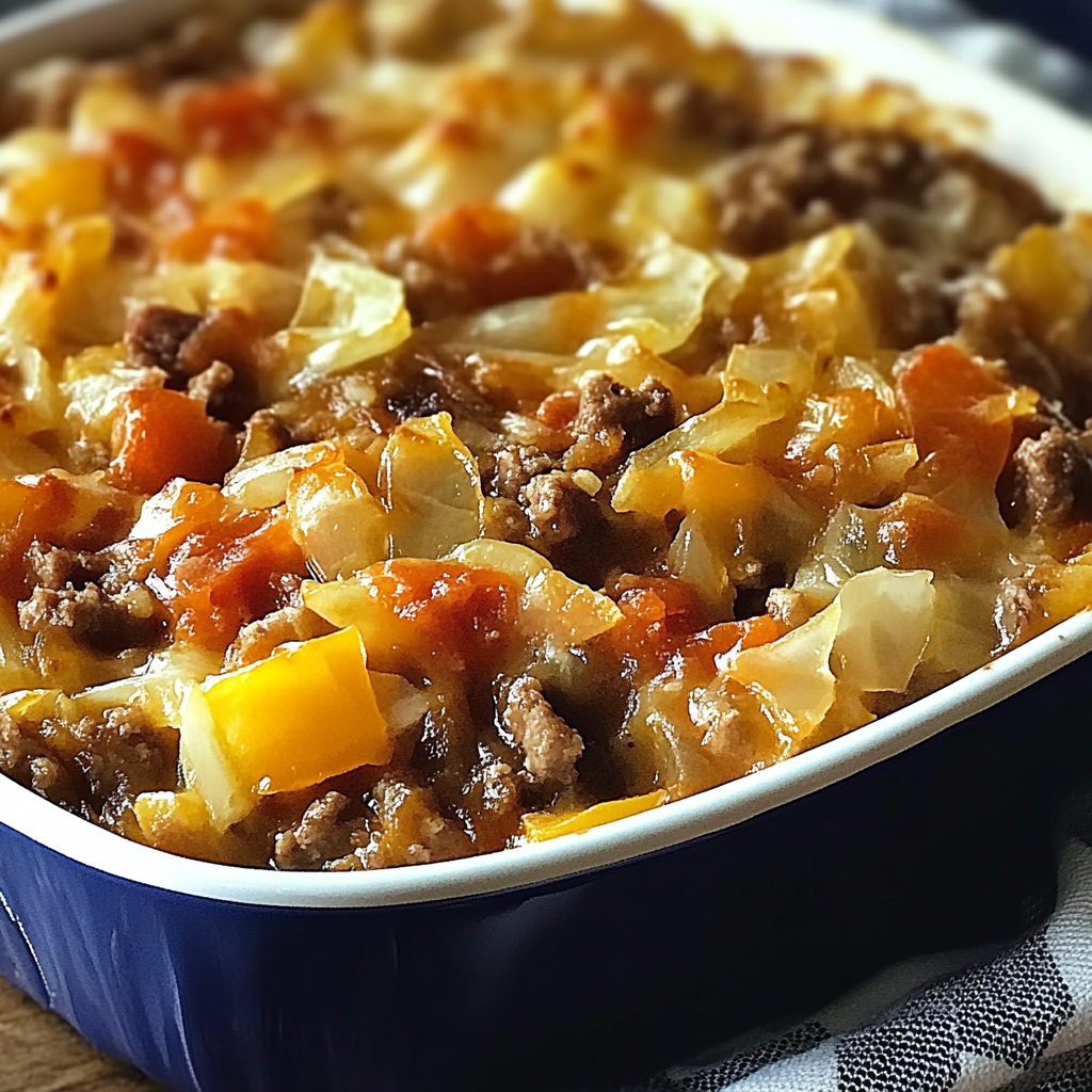 Recipe preparation for Savory Cabbage Beef Bake