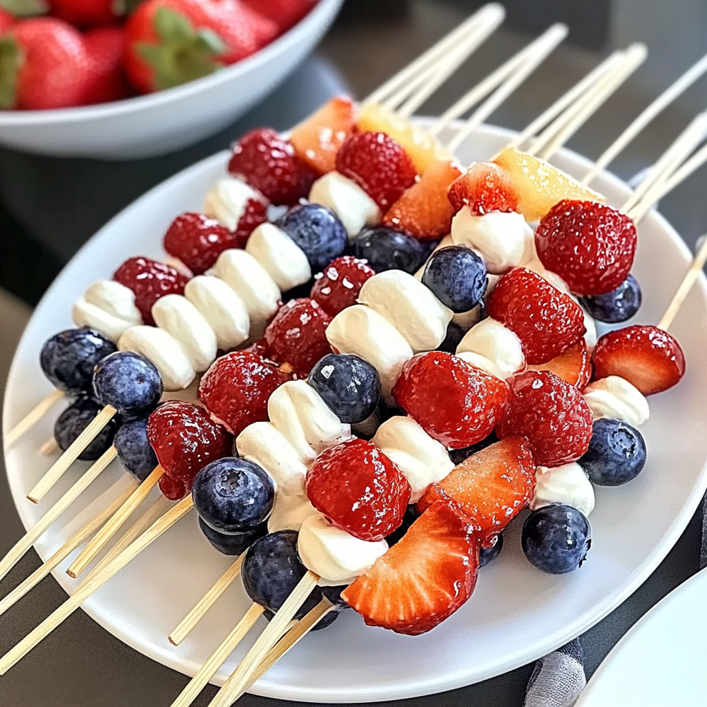 Recipe preparation for Red, White and Blue Fruit Kabobs