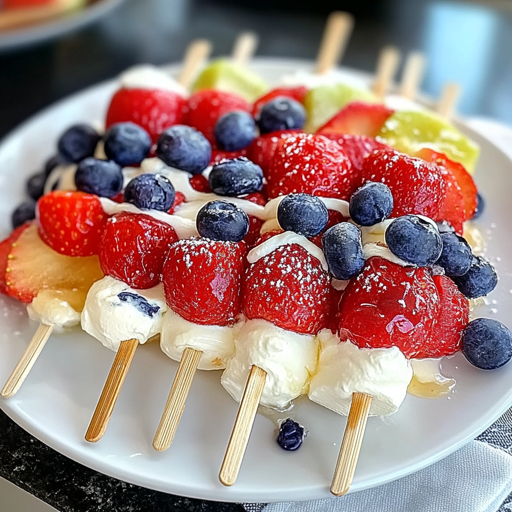 Recipe preparation for Red, White and Blue Fruit Kabobs