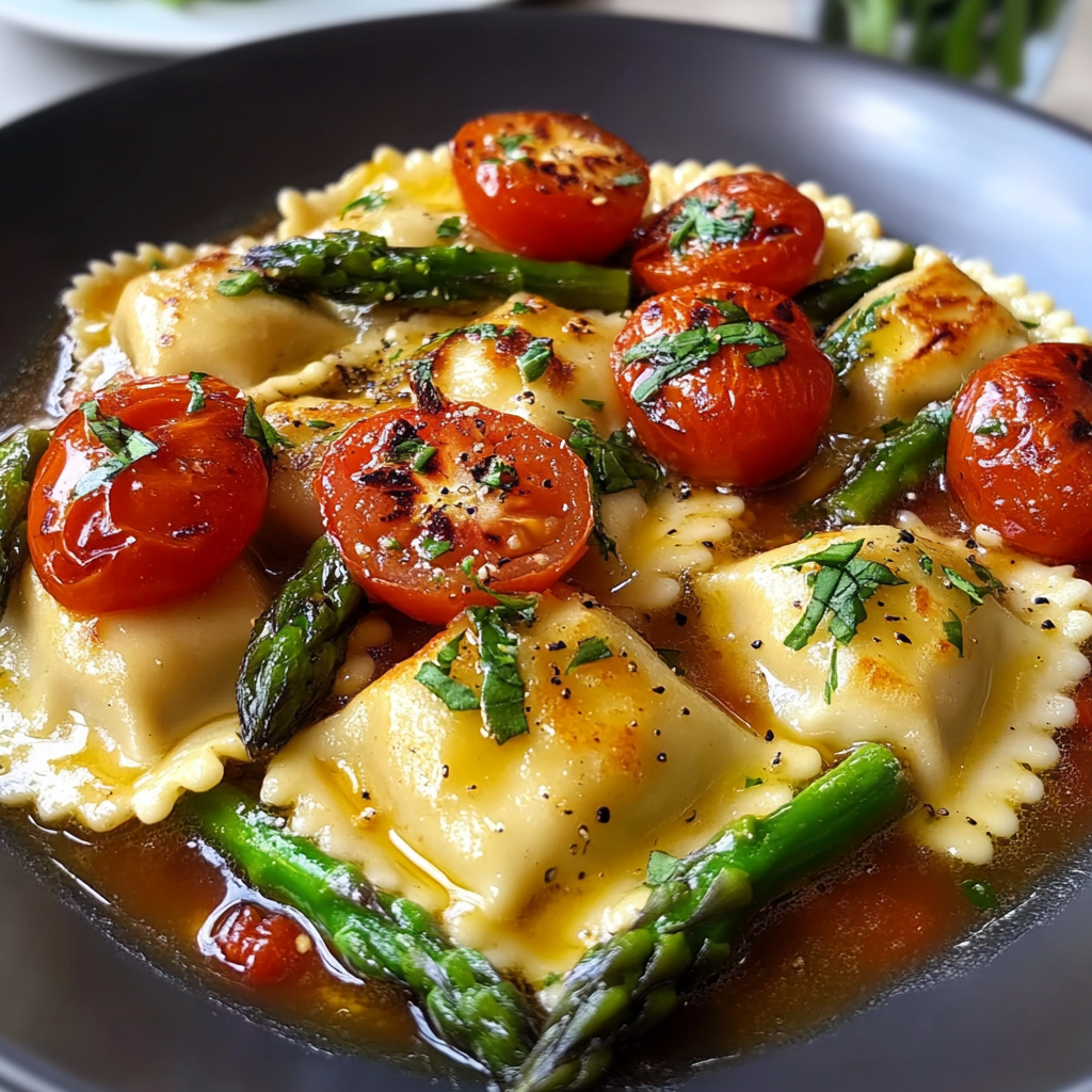 Recipe preparation for Ravioli with Tomatoes and Asparagus