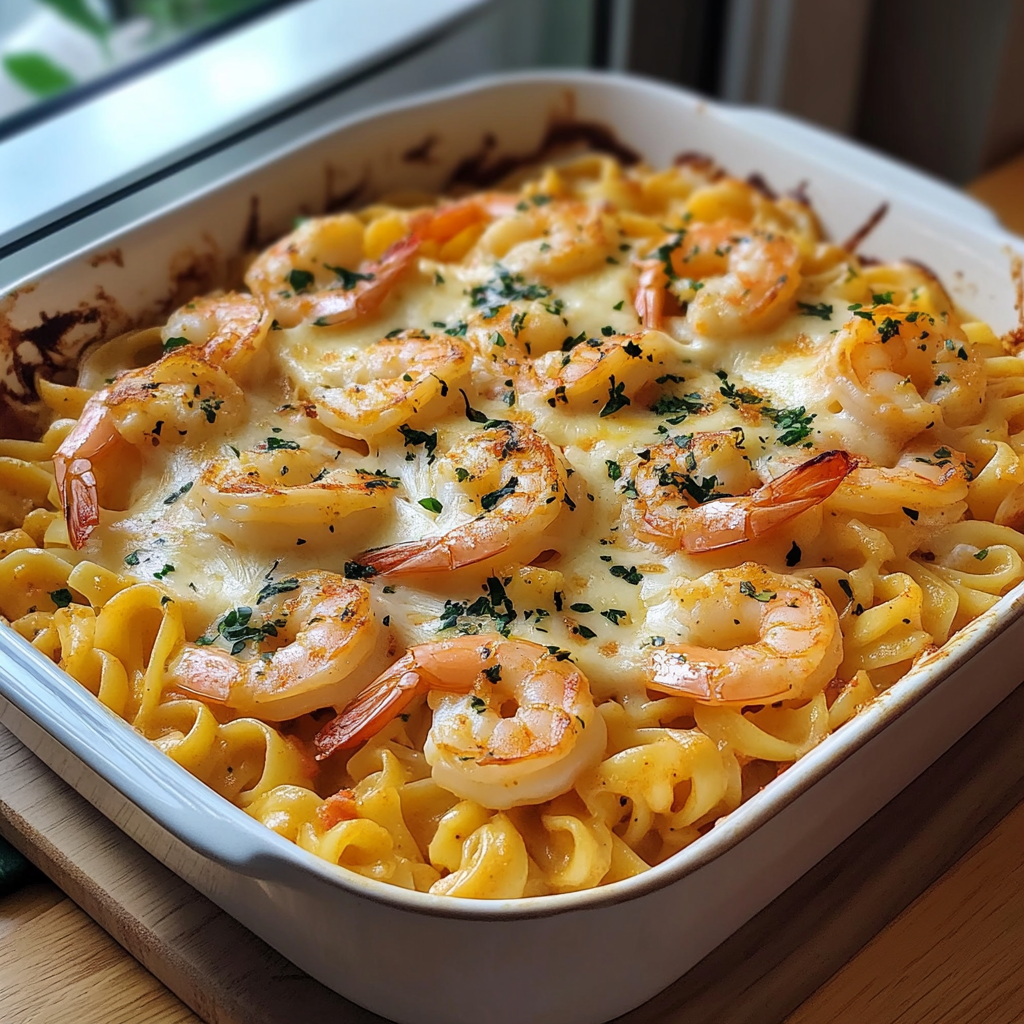 Recipe preparation for Shrimp Scampi Pasta Bake