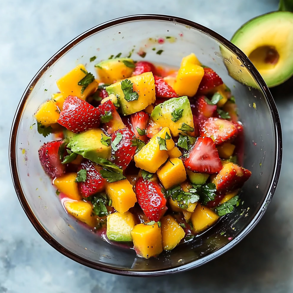 Recipe preparation for Avocado Strawberry Mango Salsa