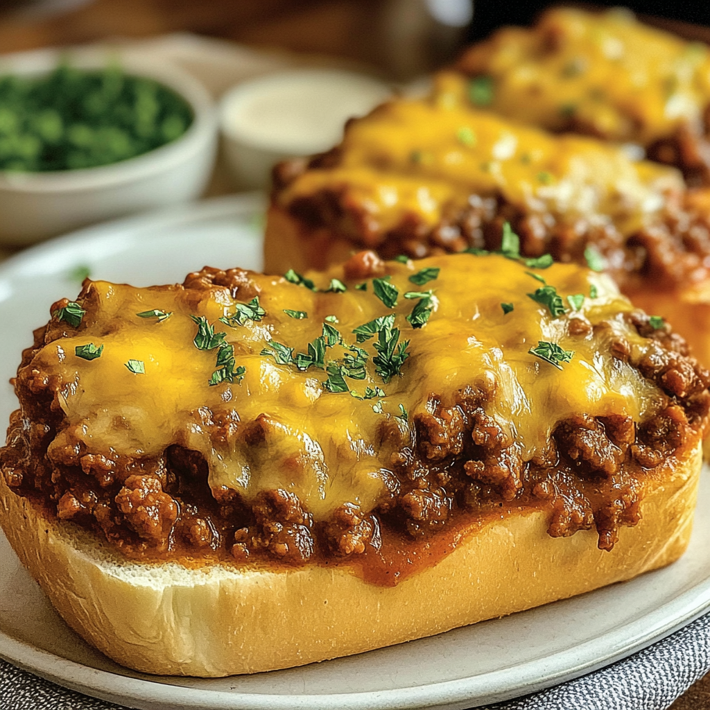 Recipe preparation for Sloppy Joe Garlic Bread