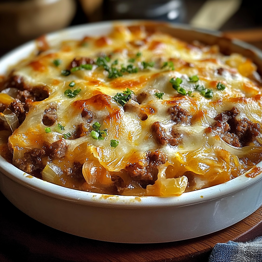 Recipe preparation for Savory Cabbage Beef Bake Dish