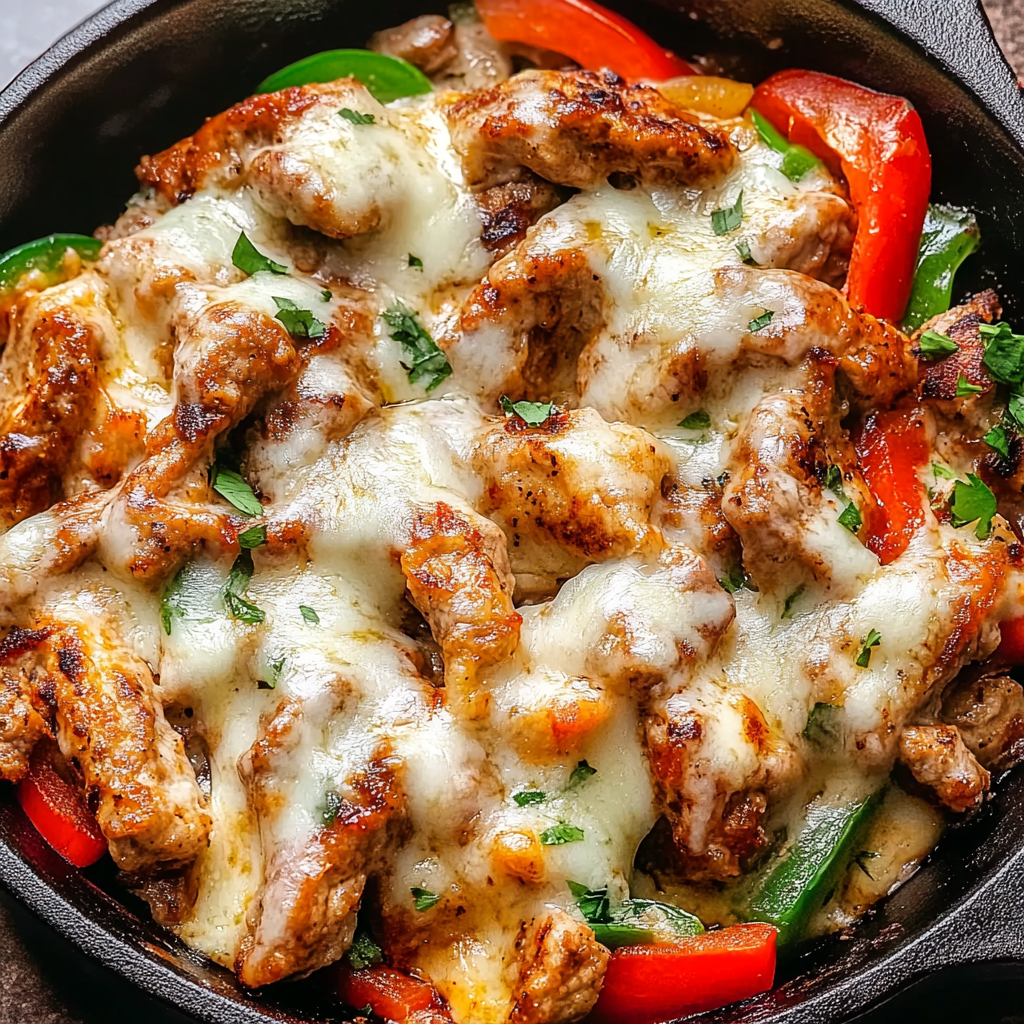 Recipe preparation for Chicken Cheesesteak Skillet