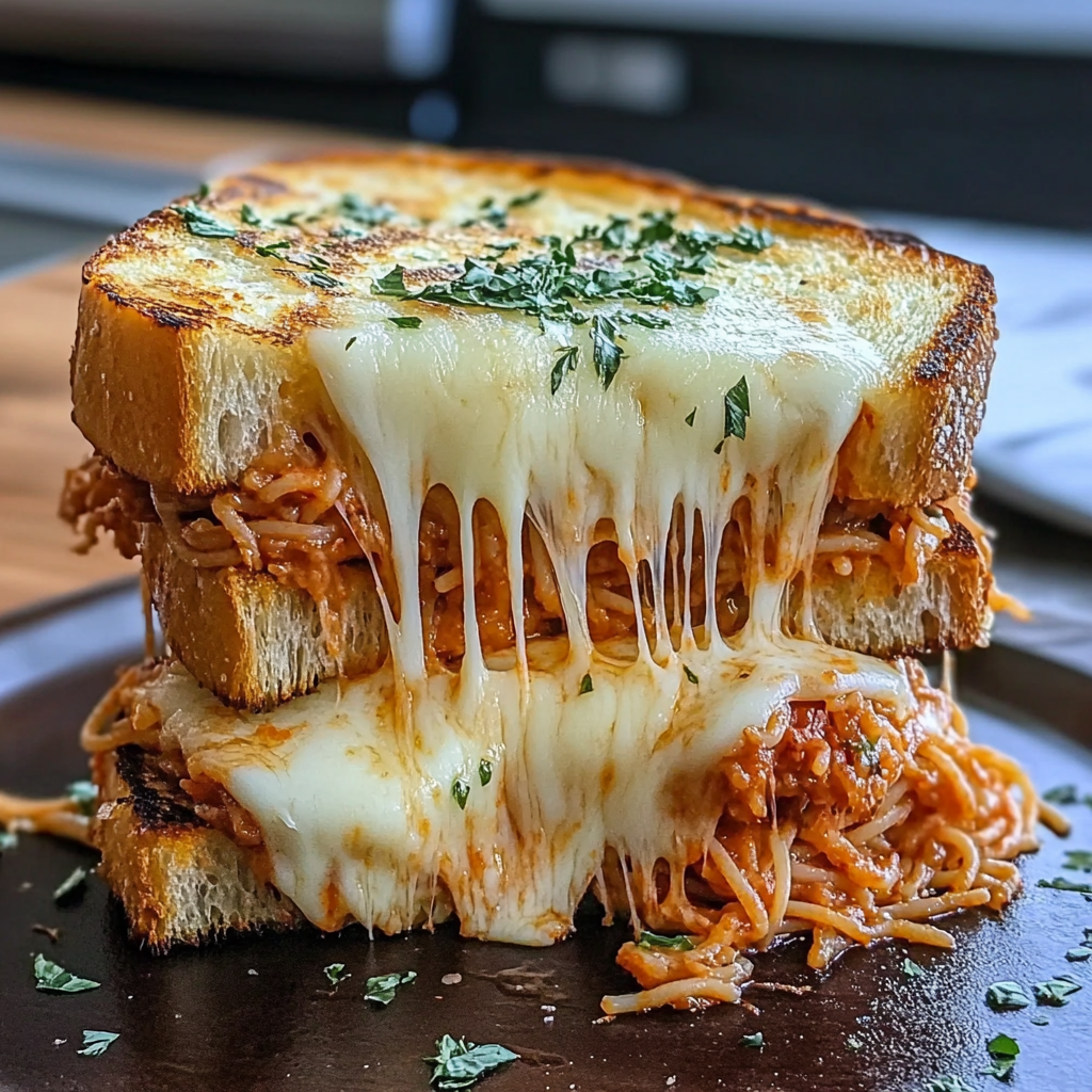 Recipe preparation for Spaghetti Grilled Cheese Sandwich