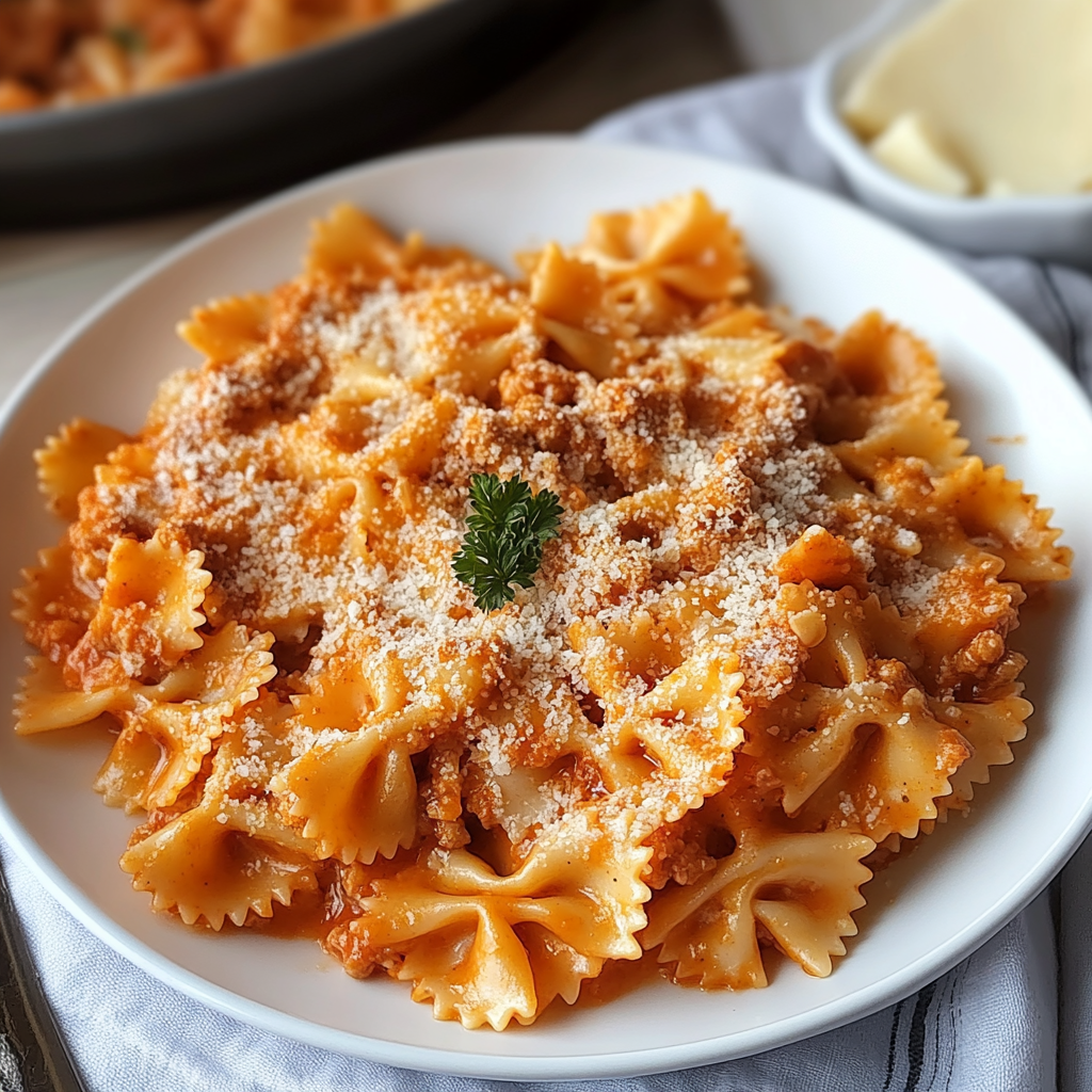 Recipe preparation for Cheesy Bowtie Pasta Delight