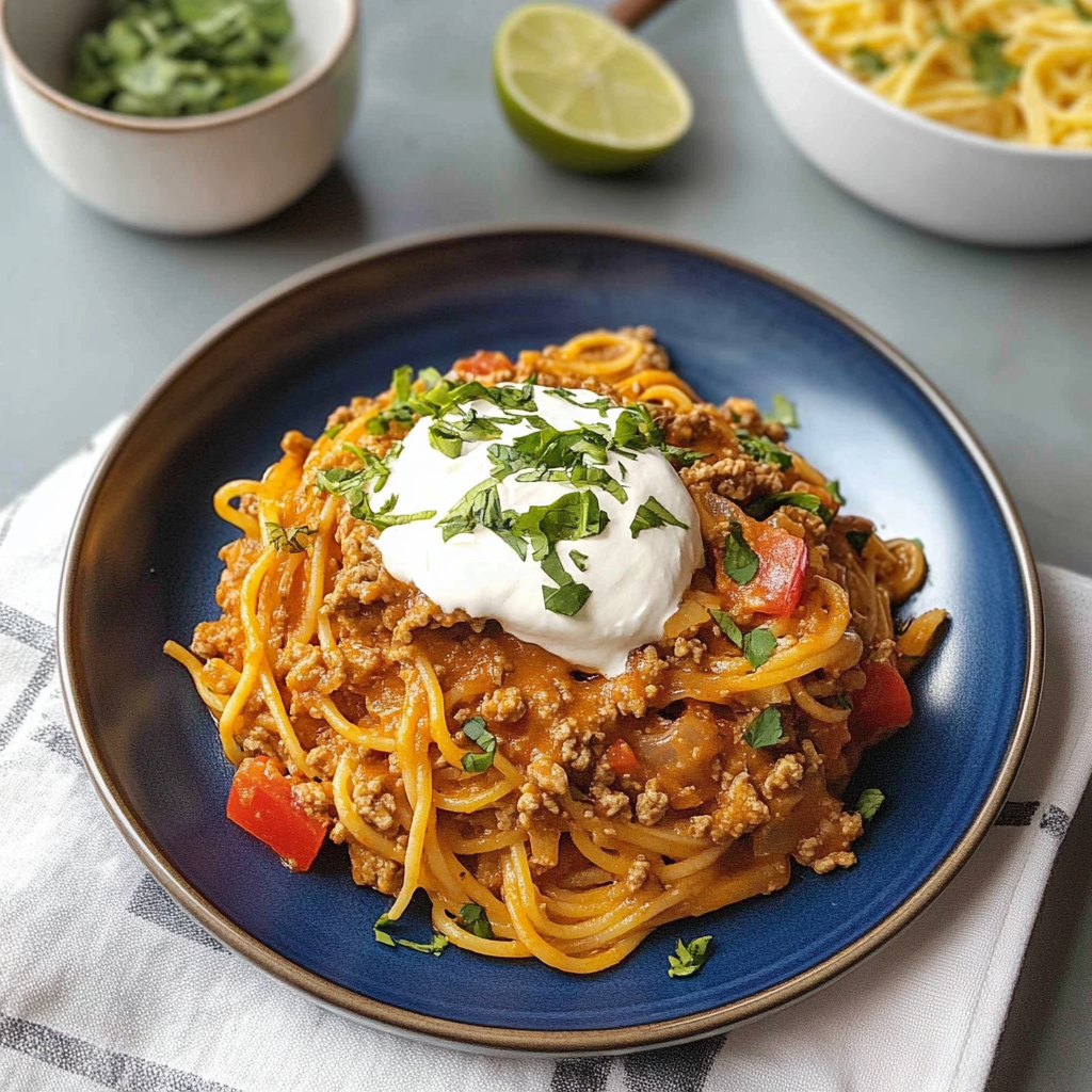Recipe preparation for Cheesy Taco Spaghetti Fusion