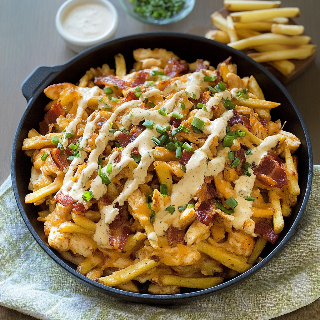 Recipe preparation for Jalapeño Bacon Ranch Chicken Cheese Fries