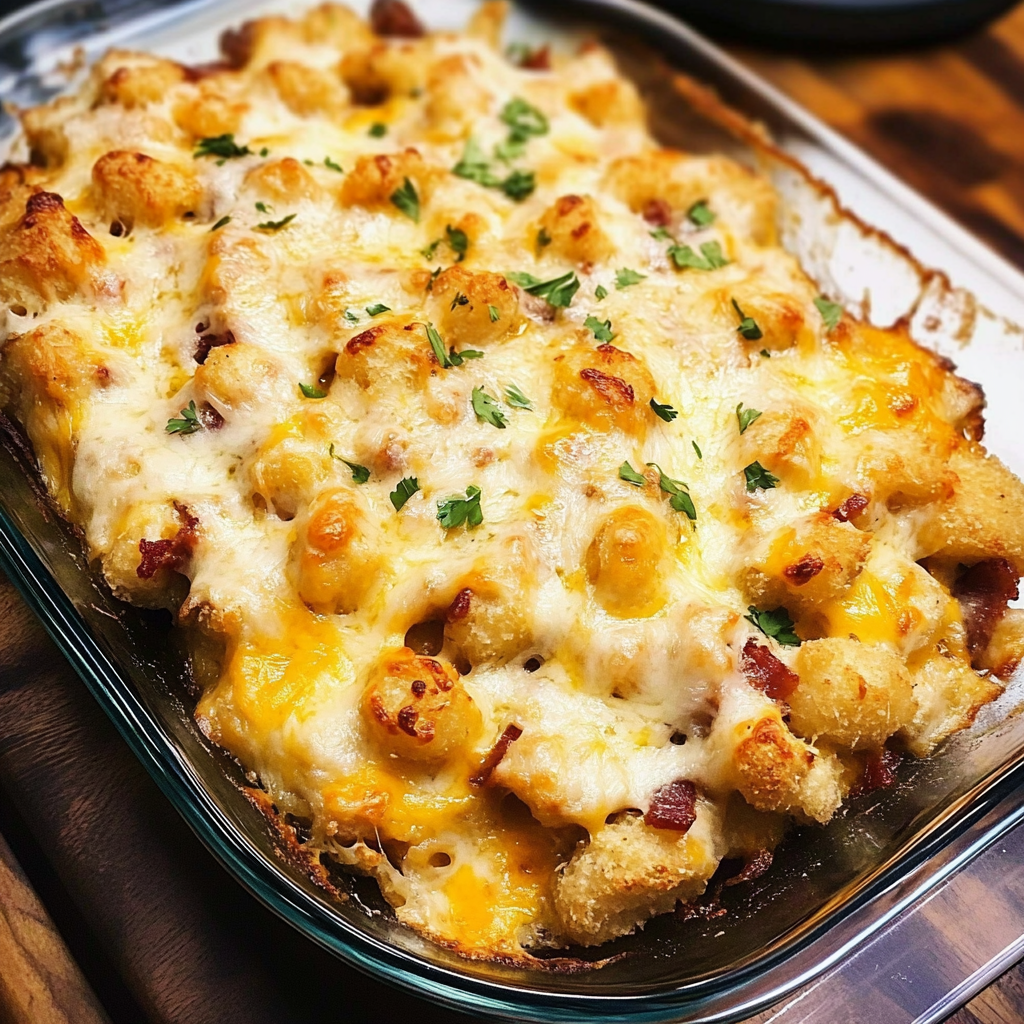 Recipe preparation for Easy Chicken Bacon Ranch Tater Tot Casserole