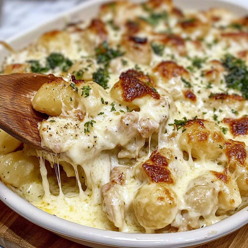 Recipe preparation for Chicken Gnocchi Alfredo Bake