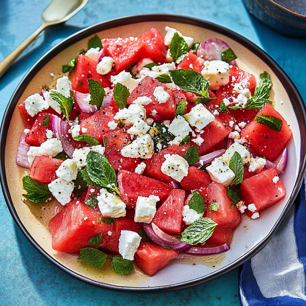 Recipe preparation for Refreshing Watermelon Feta Salad