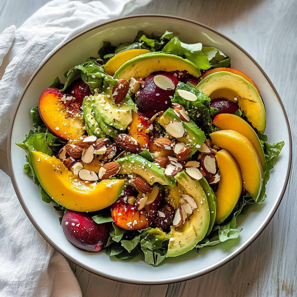 Recipe preparation for Peach Salad with Avocado and Toasted Almonds