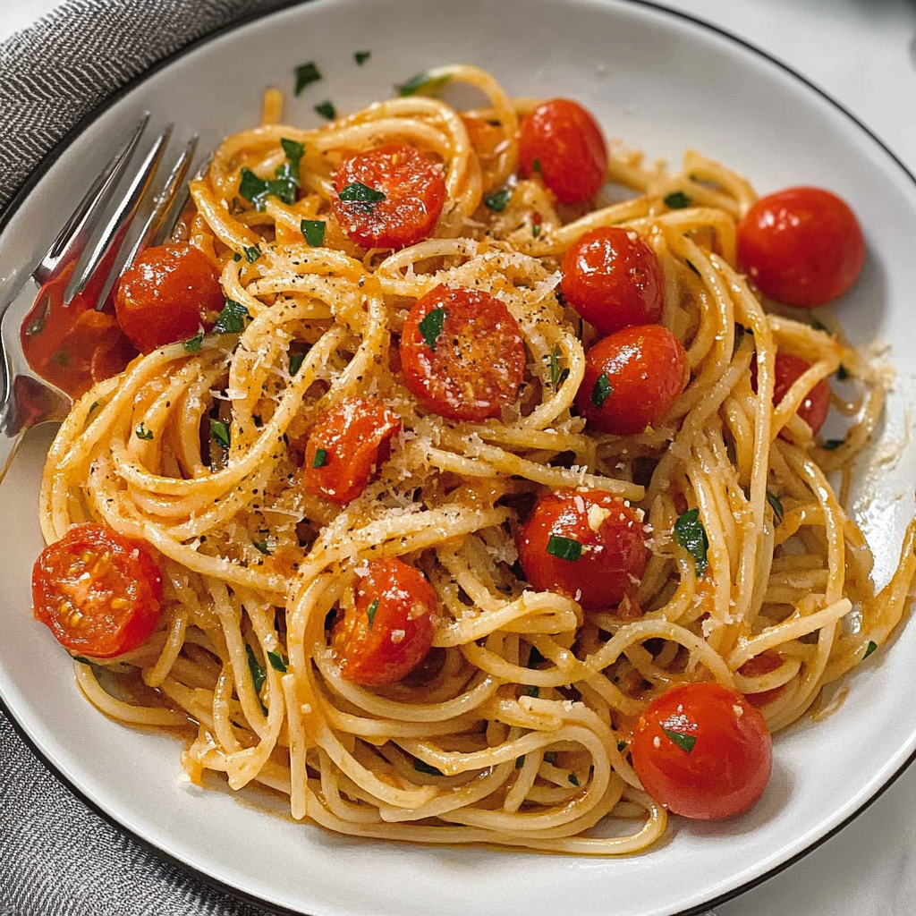 Recipe preparation for Spaghetti with Burst Cherry Tomatoes and Olive Oil
