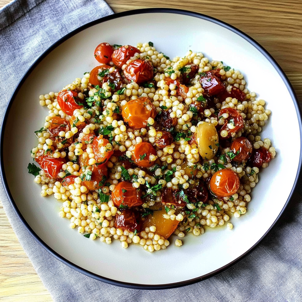 Recipe preparation for Pearl Couscous with Sautéed Cherry Tomatoes
