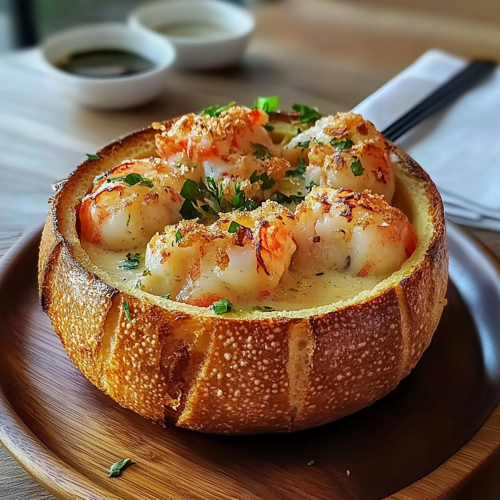 Recipe preparation for Stuffed Seafood Bread Bowl