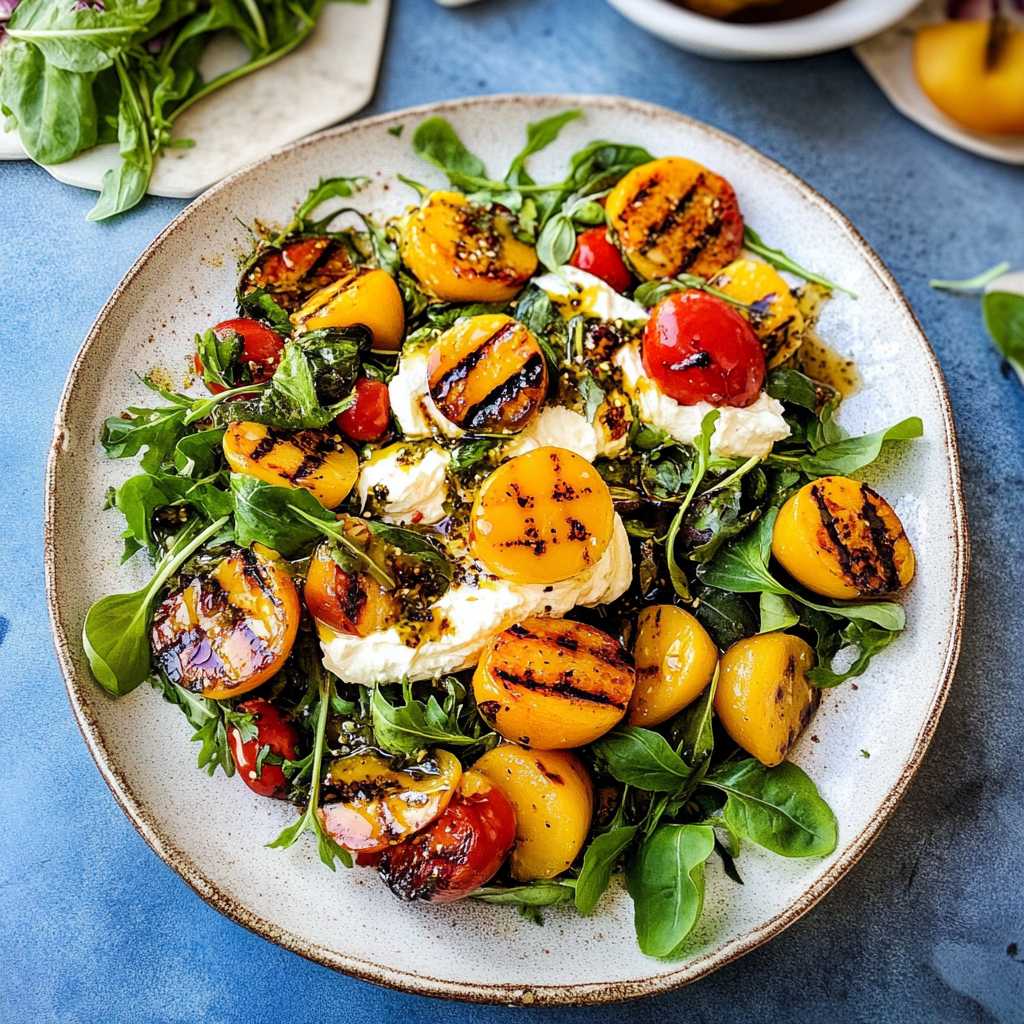 Recipe preparation for Grilled Peach & Burrata Salad