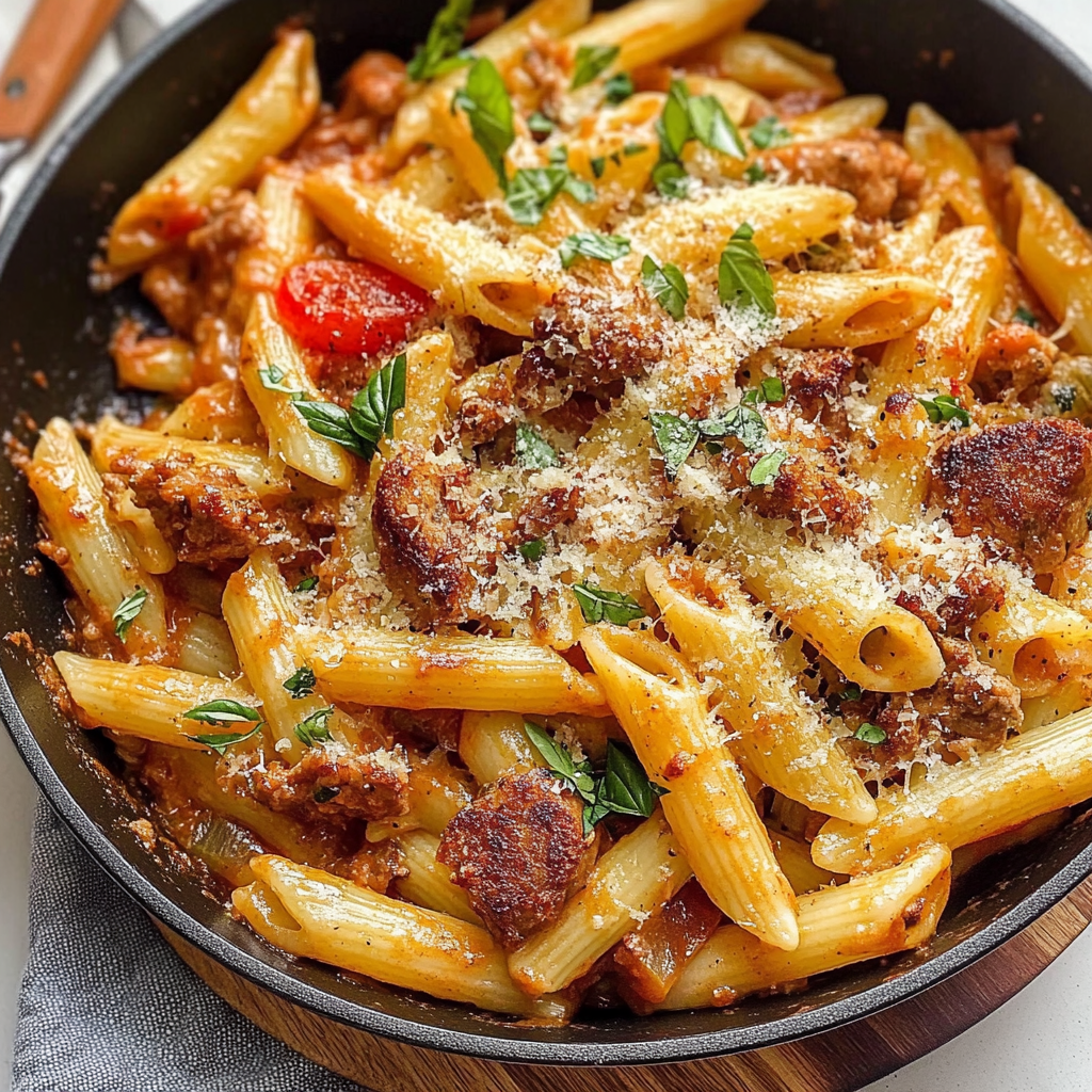 Recipe preparation for Savory Pasta Skillet Meal