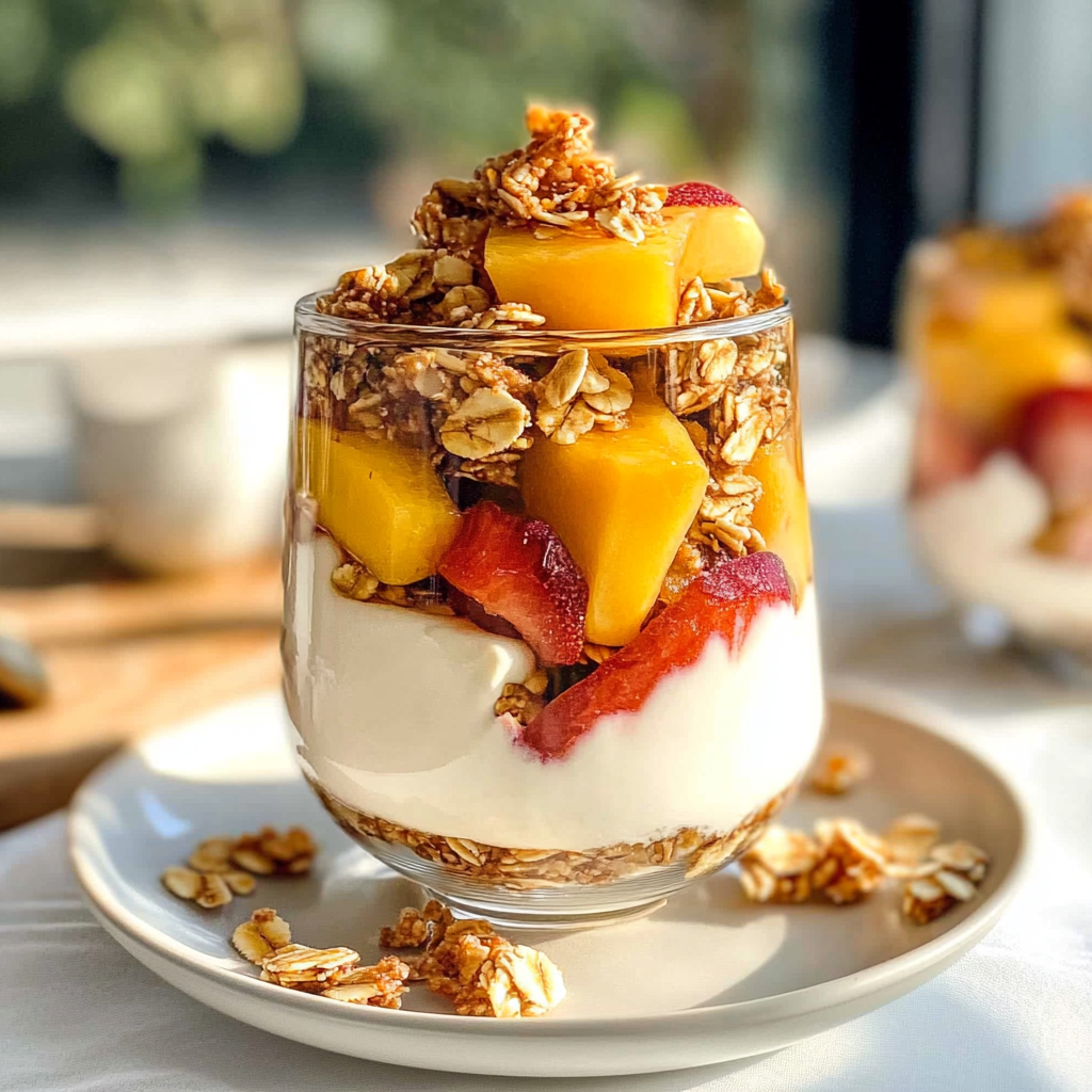 Recipe preparation for Peach Granola Parfait