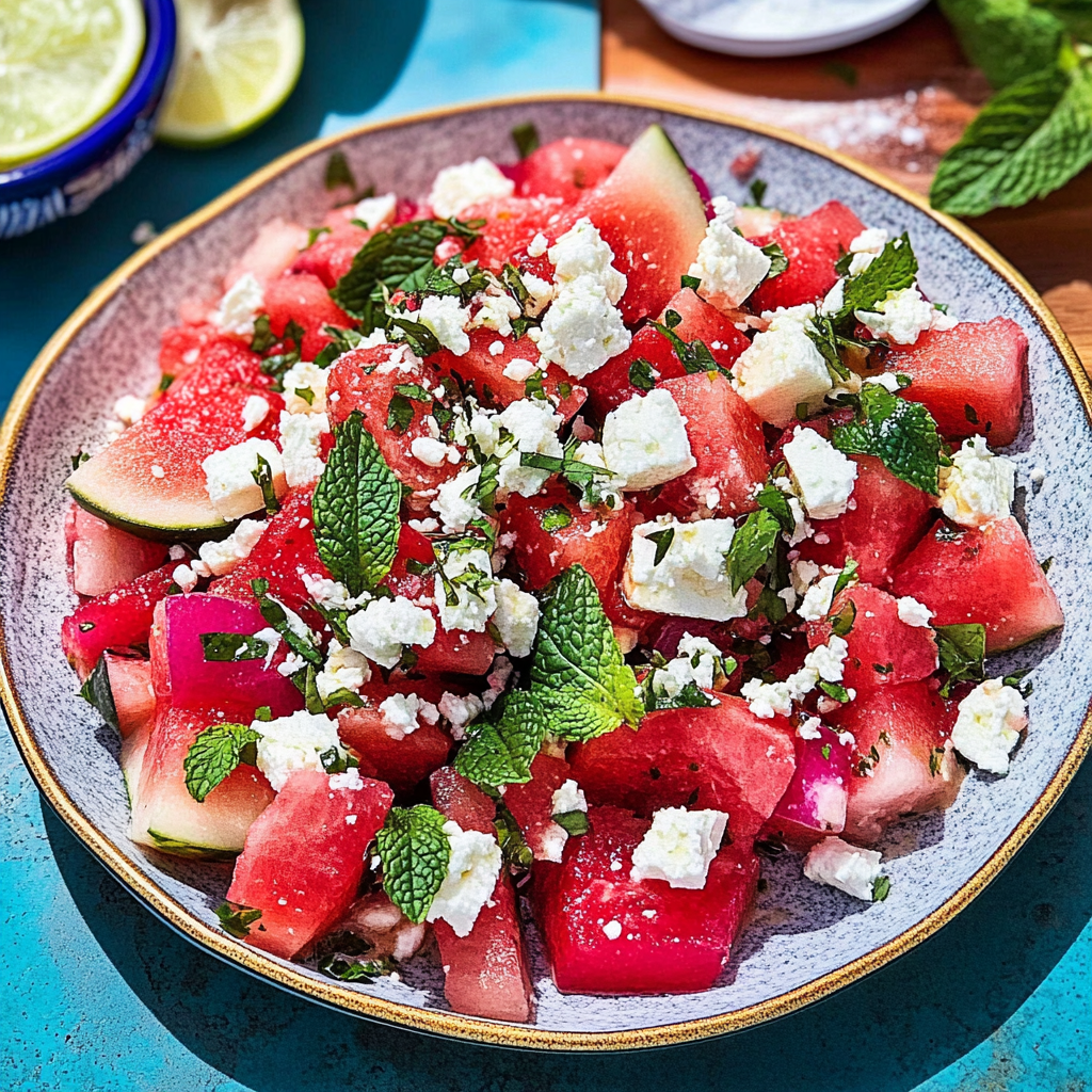 Recipe preparation for Watermelon Feta Mint Salad