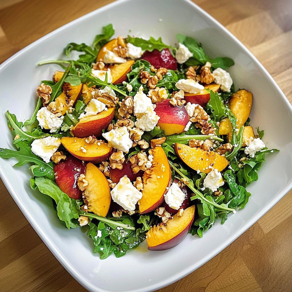 Recipe preparation for Peach Feta Arugula Salad