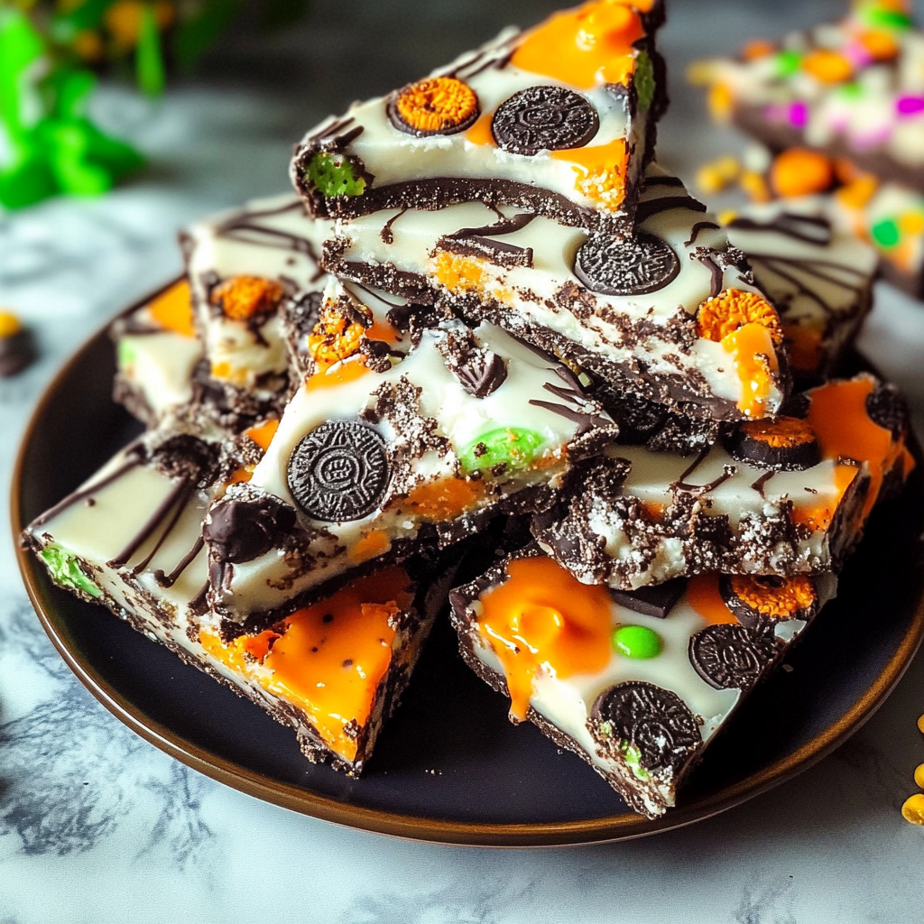 Recipe preparation for Easy White Chocolate Halloween Oreo Bark