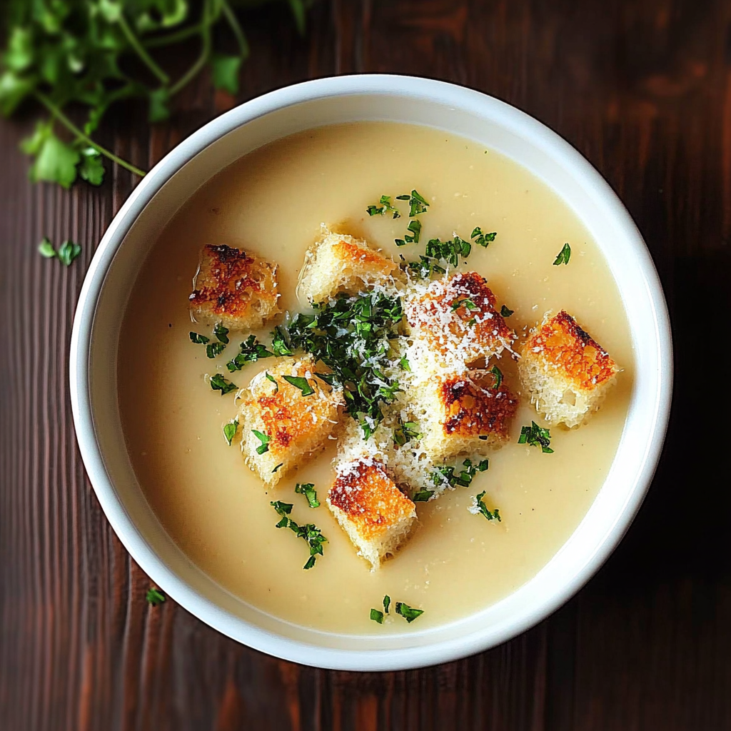 Recipe preparation for Creamy Garlic Bread Soup with Homemade Croutons