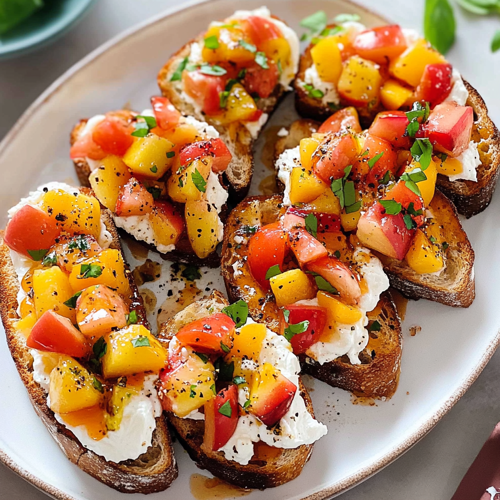 Recipe preparation for Peach Bruschetta With Whipped Ricotta