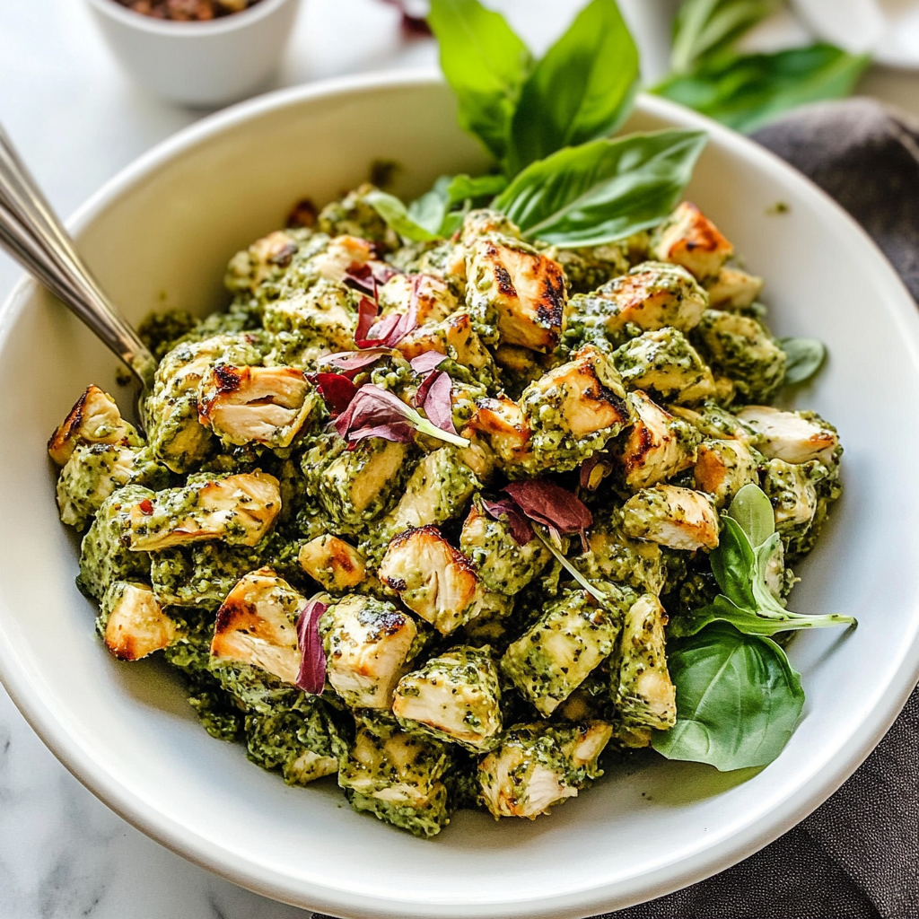 Recipe preparation for Savory Pesto Chicken Delight Salad
