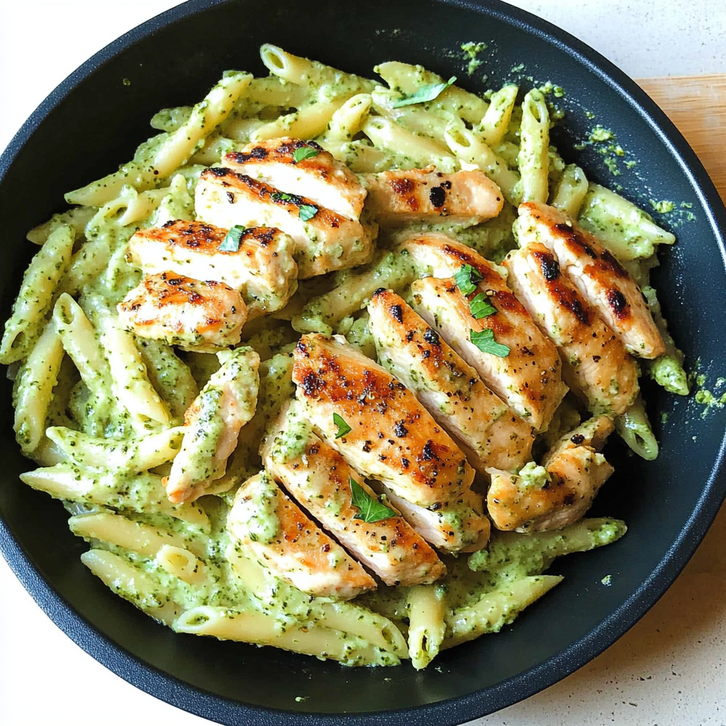 Recipe preparation for Grilled Chicken Pesto Pasta