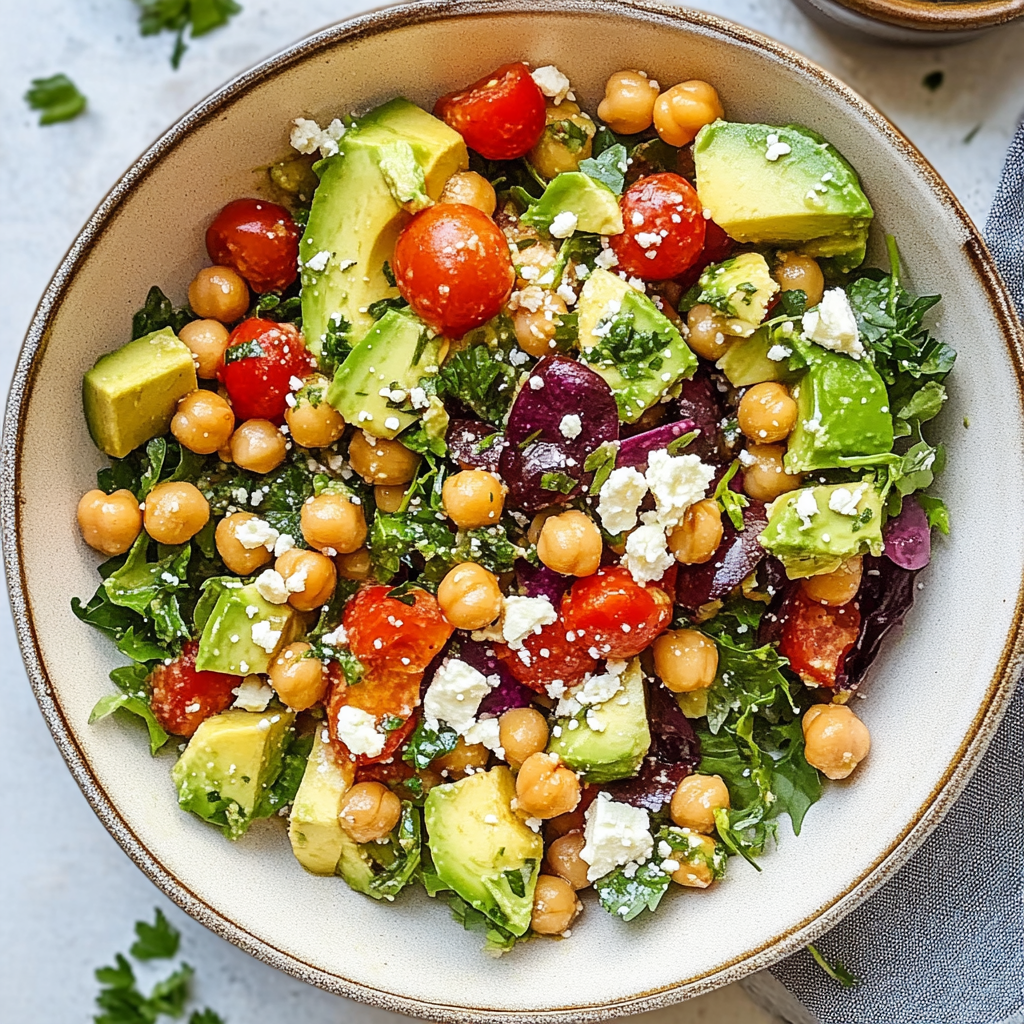 Recipe preparation for Chickpea Feta Avocado Salad