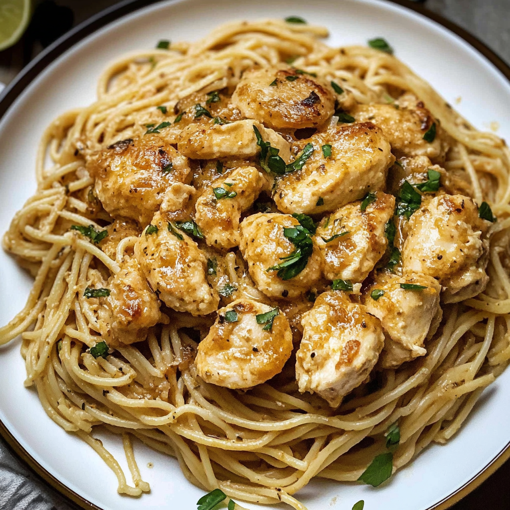 Recipe preparation for Creamy Garlic Parmesan Chicken with Cheesy Spaghetti