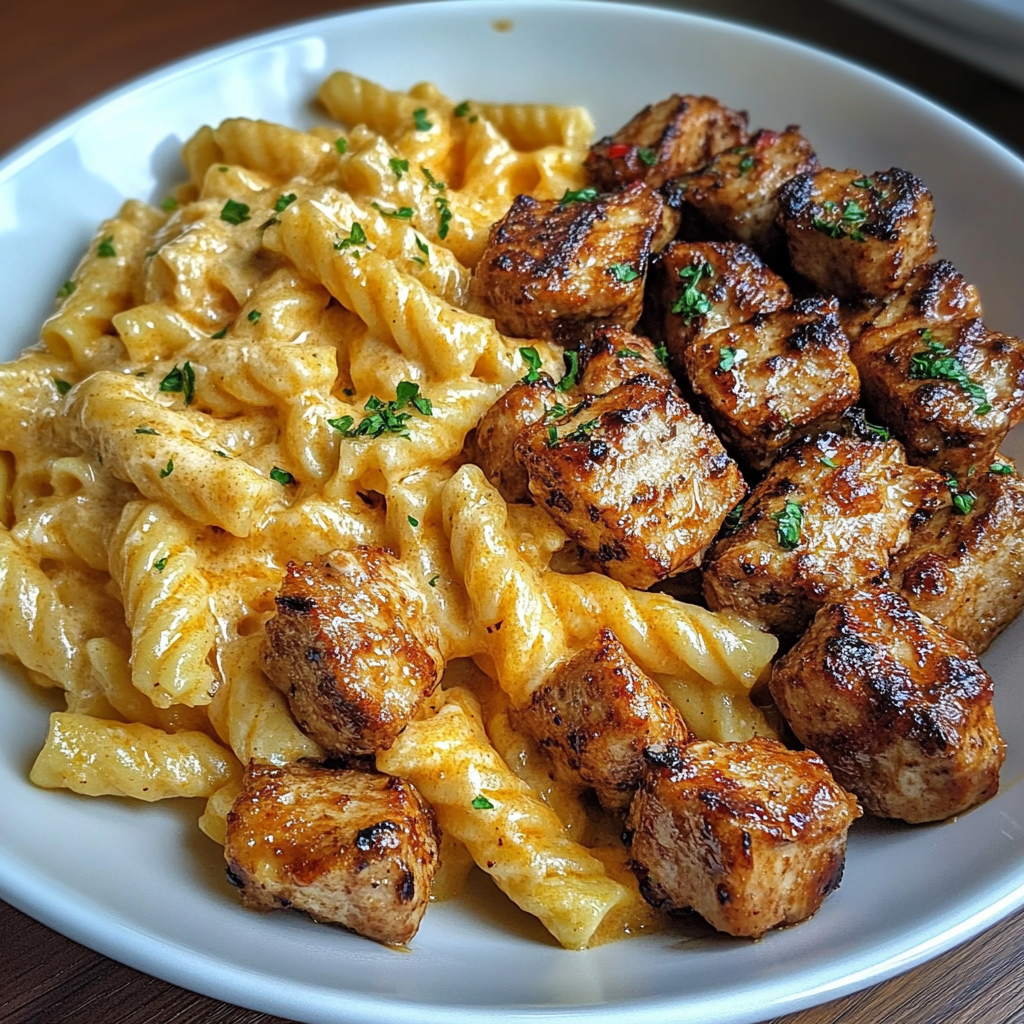 Recipe preparation for Garlic Butter Chicken Bites & Spicy Cajun Alfredo Twisted Pasta