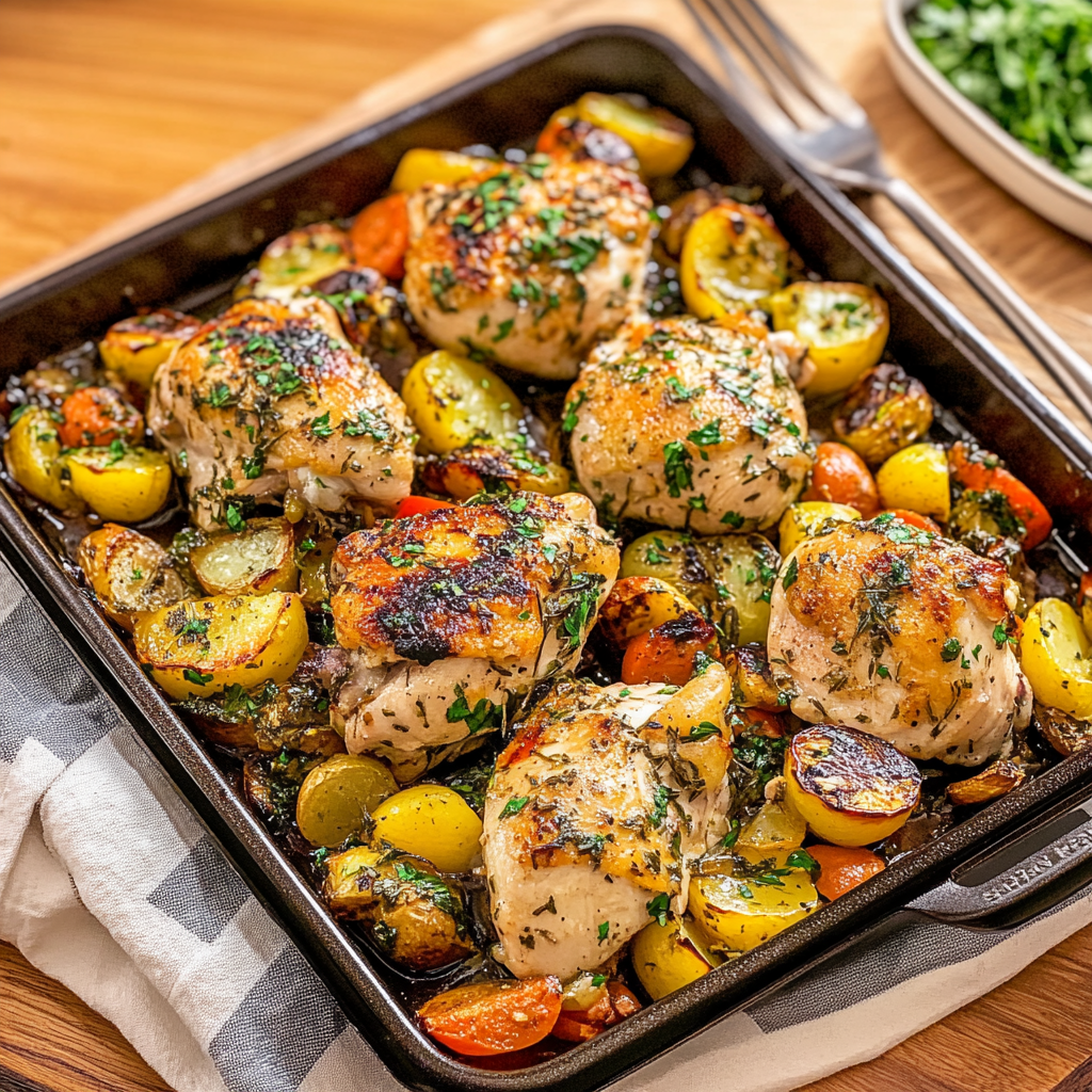 Recipe preparation for Insanely Good One-Pan Herb Chicken & Roasted Veggie Bake