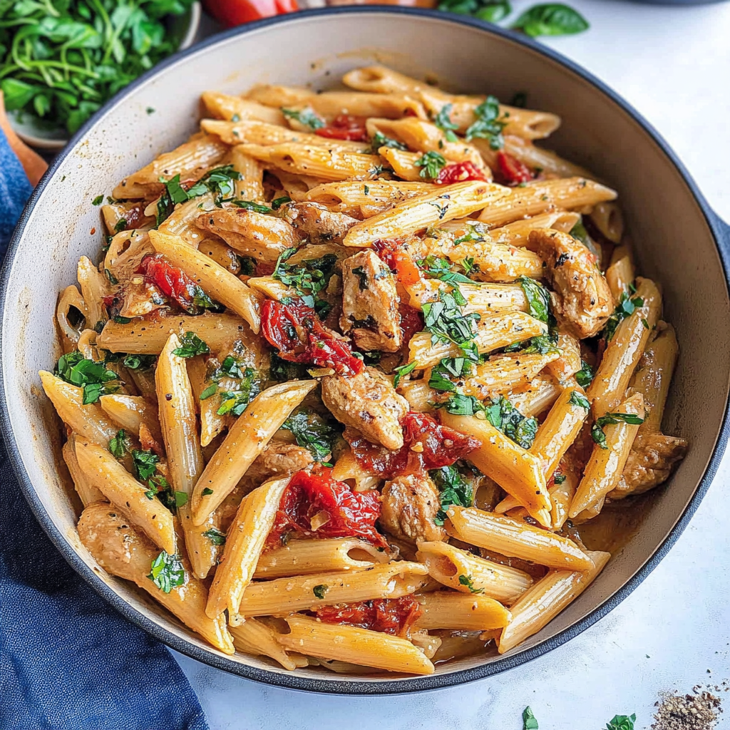 Recipe preparation for Easy Tuscan Garlic Chicken Bites & Sun-Dried Tomato Cajun Pasta Recipe