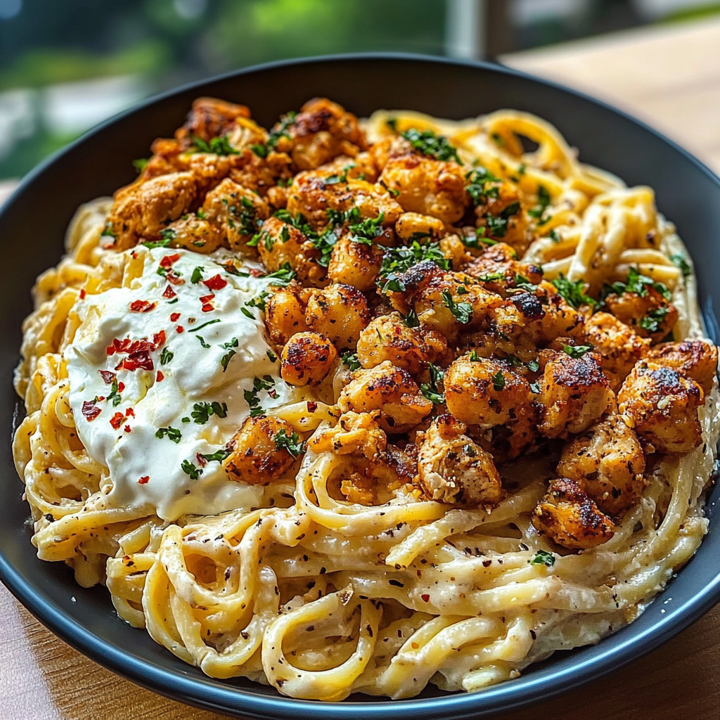 Recipe preparation for Creamy Cajun Chicken Pasta with Whipped Roasted Garlic Feta & Crispy Chickpeas