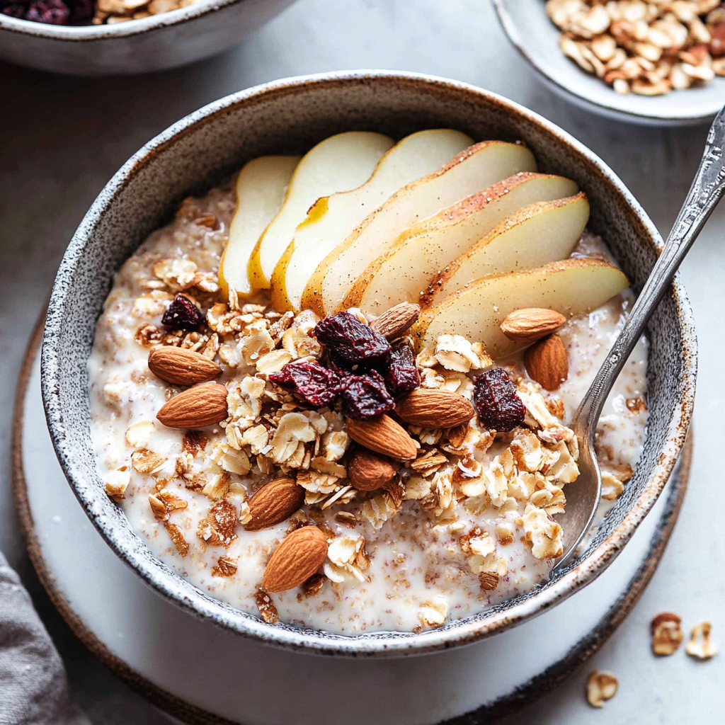 Recipe preparation for Bircher Muesli with toasted coconut, nuts, pears