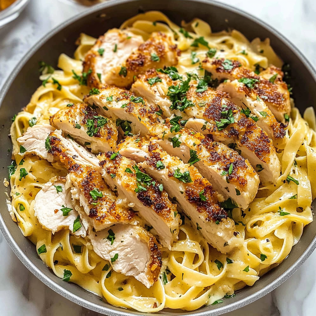 Recipe preparation for Crispy Chicken with Creamy Pasta