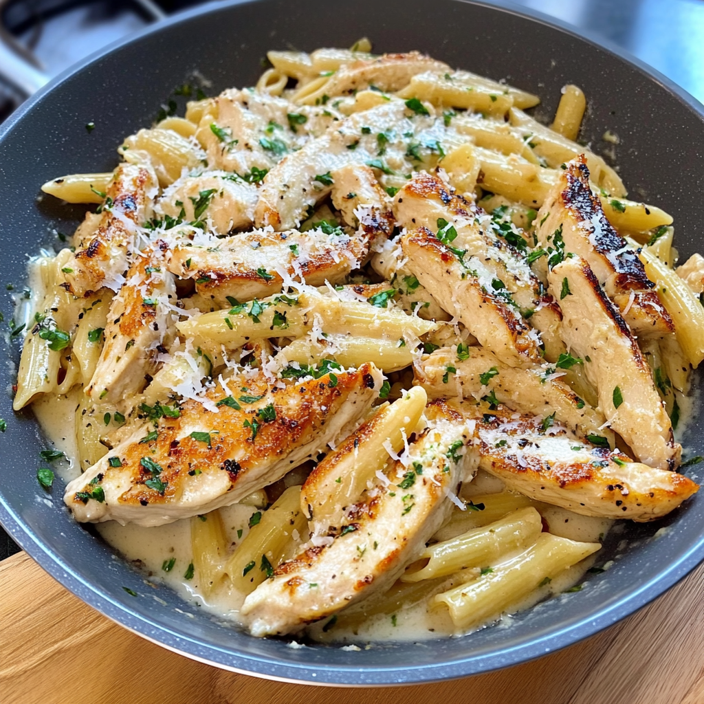 Recipe preparation for One Pan Garlic Parmesan Chicken Pasta