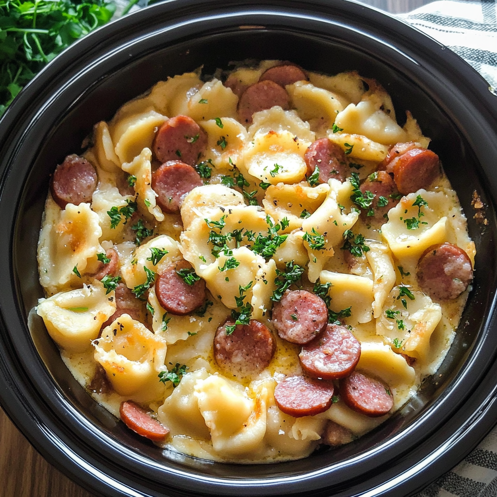 Recipe preparation for Crockpot Pierogi Casserole with Kielbasa and Cream Cheese