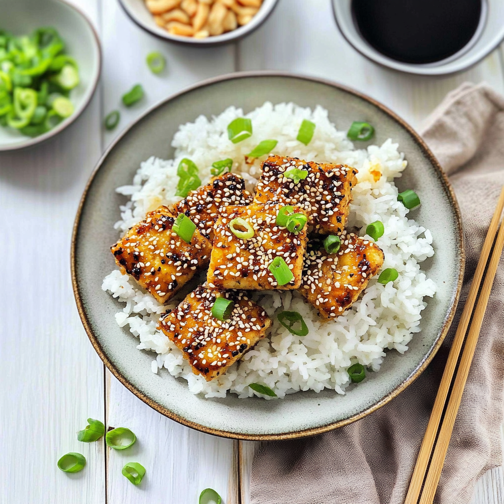 Recipe preparation for Sesame Crusted Tofu with Coconut Rice