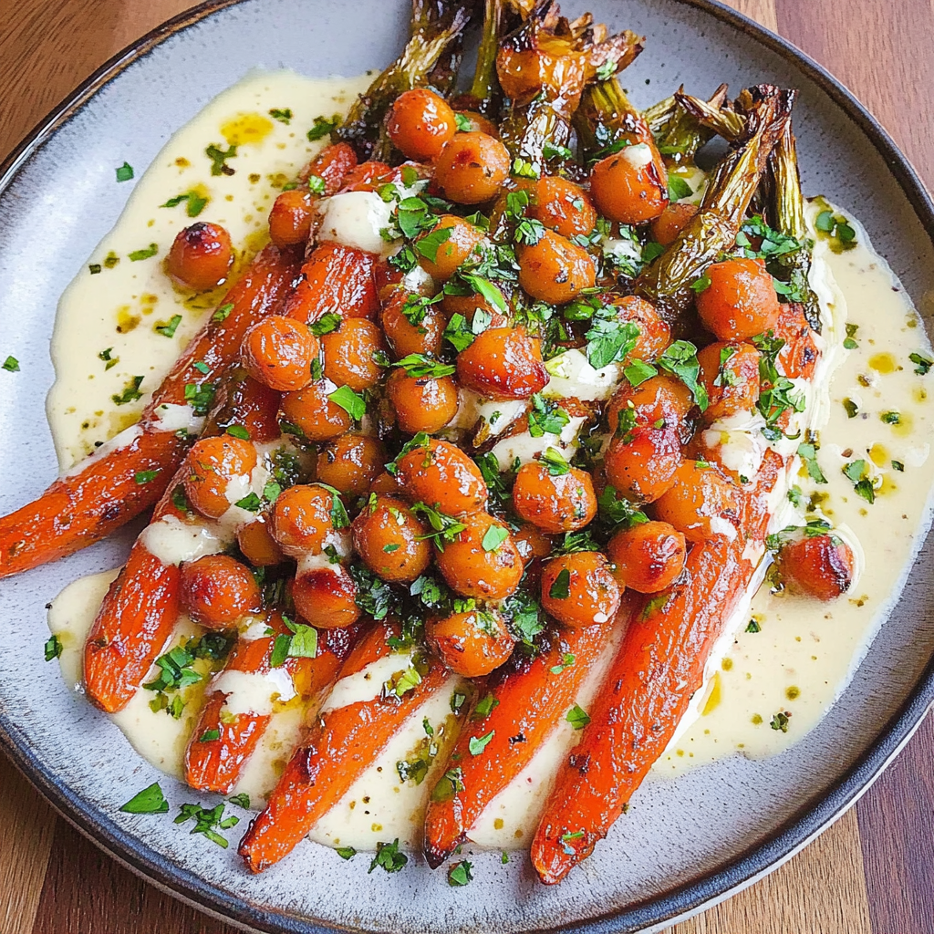 Recipe preparation for Spicy Maple Roast Carrots with Crispy Chickpeas and Yogurt Sauce