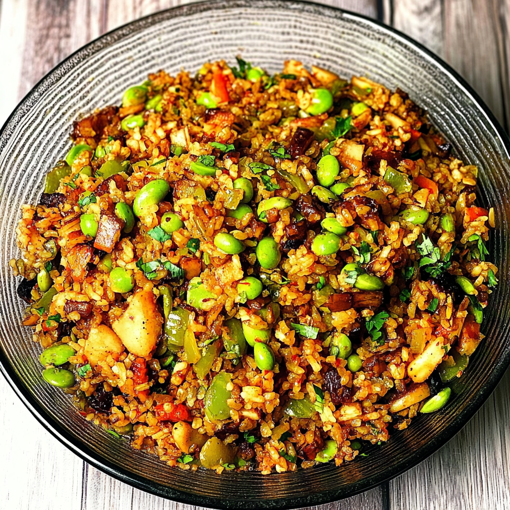 Recipe preparation for Crispy Gochujang Rice Salad with Flavorful Mushrooms and Edamame
