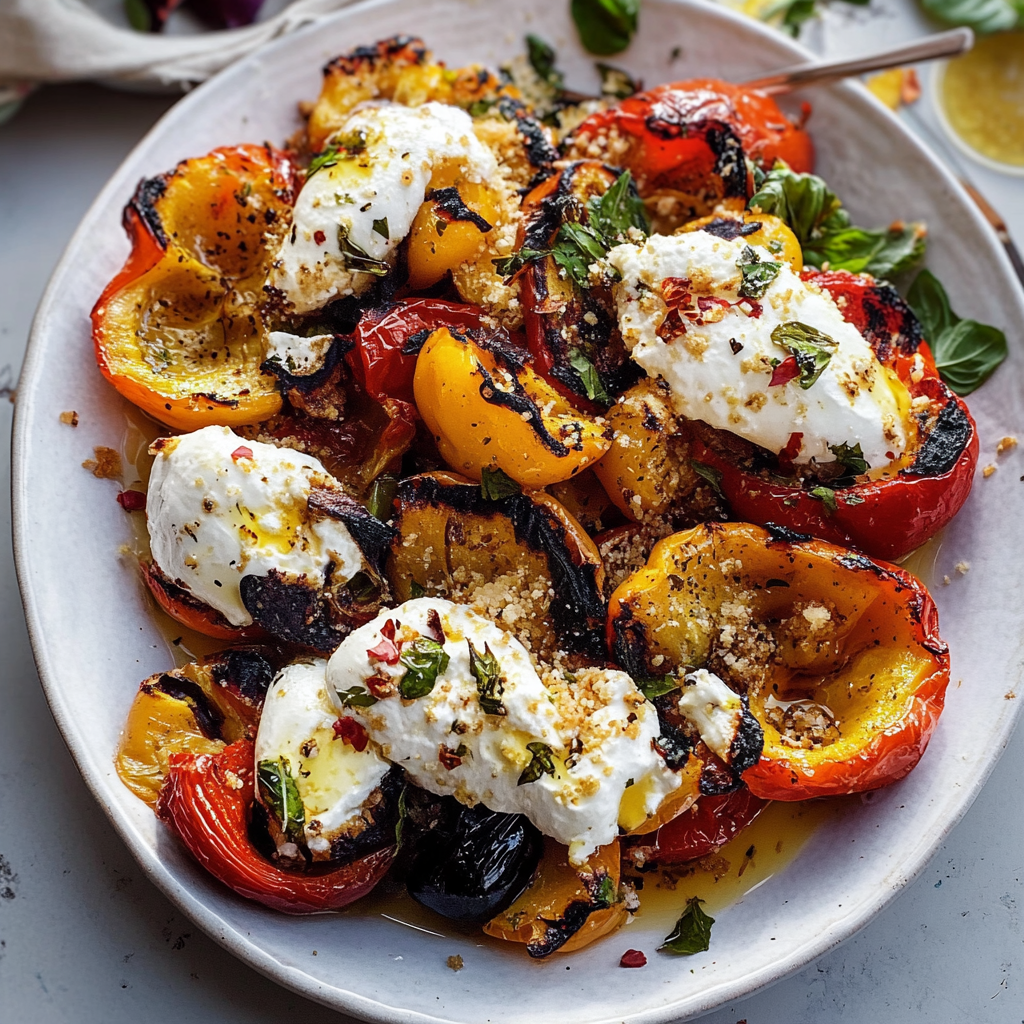 Recipe preparation for Grilled Marinated Peppers with Burrata and Breadcrumbs