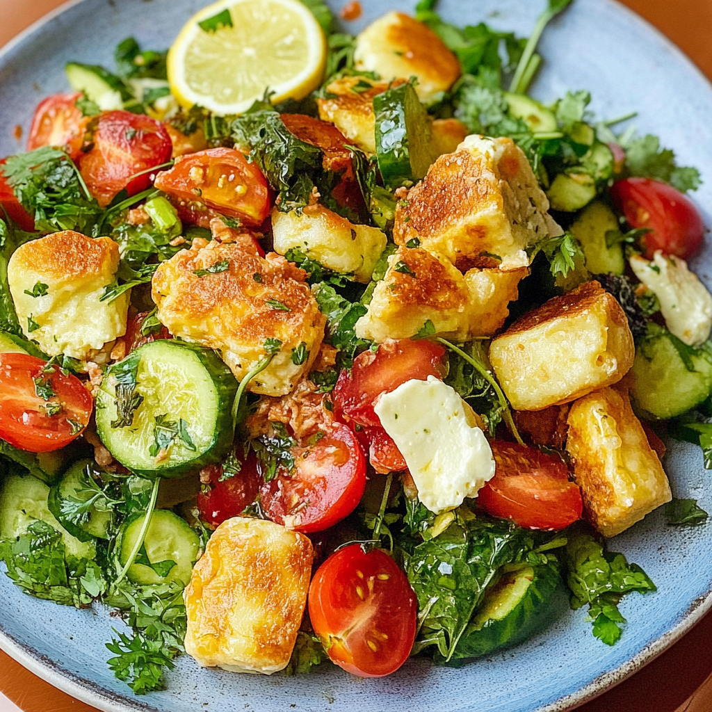 Recipe preparation for Crispy Torn Halloumi Salad