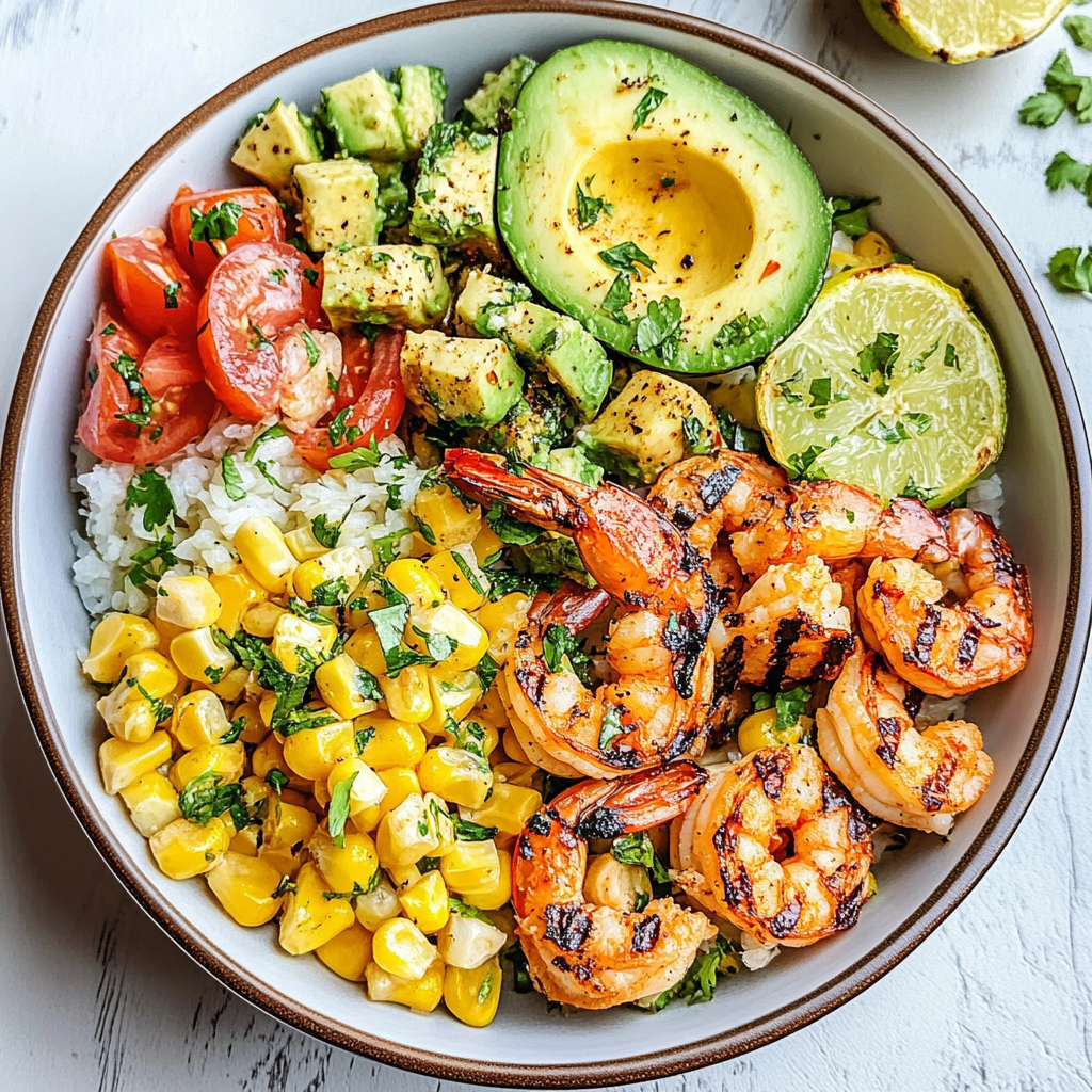 Recipe preparation for Grilled Shrimp Bowl with Avocado, Corn Salsa & Creamy Garlic Sauce