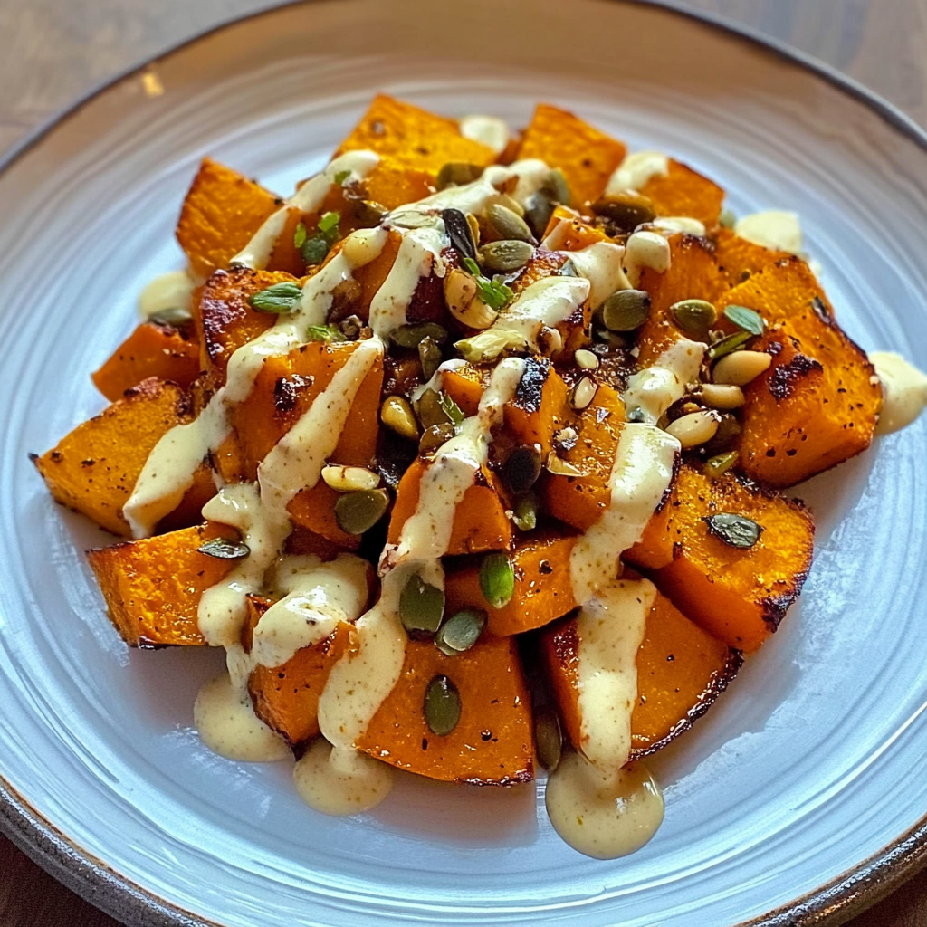 Recipe preparation for Roasted Pumpkin with Yogurt Sauce and Pine Nuts