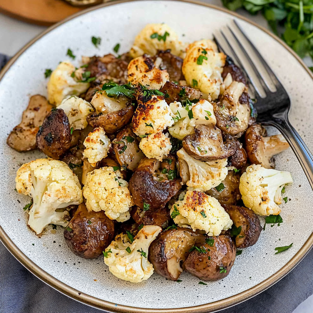 Recipe preparation for Garlic Mushrooms Cauliflower Skillet