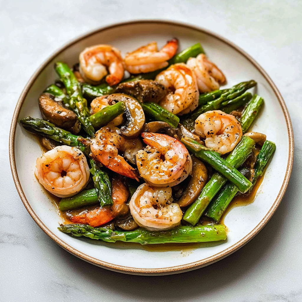 Recipe preparation for Shrimp and Asparagus Stir-Fry with Mushrooms