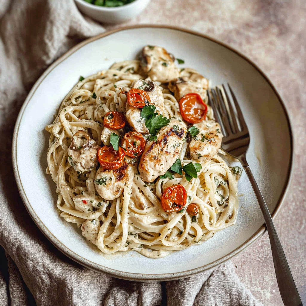 Recipe preparation for Chestnut Garlic Greek Chicken Alfredo with Sage Potatoes & Mushroom Basil Pesto